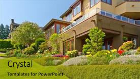  Presentation with bloom - PPT theme enhanced with gardenhouse - manicured house and garden displaying background and a gold colored foreground