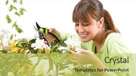  Presentation with lime green and white flower - PPT theme featuring gardening - woman cutting flower background and a  colored foreground