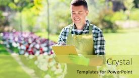  Presentation with apron gardening - Cool new PPT theme with gardening-and-people-concept-happy backdrop and a yellow colored foreground