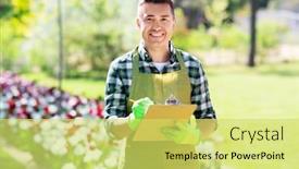  Presentation with apron gardening - Presentation consisting of gardening-and-people-concept-happy background and a yellow colored foreground
