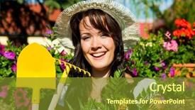  Presentation with summer flowers - Beautiful theme featuring gardening in summer - happy woman with flowers and hat in her garden backdrop and a tawny brown colored foreground