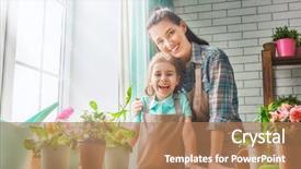  Presentation with child care - Slide set with gardening near window at home background and a coral colored foreground