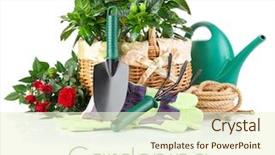  Presentation with equipment - Slide deck featuring gardening shovel - garden equipment with green plant background and a cream colored foreground