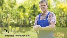  Presentation with nursery plant - Presentation design having gardening shovel - portrait of confident gardener holding background and a  colored foreground