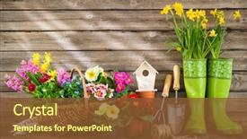 Presentation with gardening - Cool new slide deck with gardening tools and spring flowers backdrop and a tawny brown colored foreground