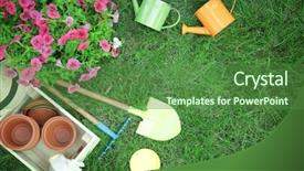  Presentation with beautiful green - PPT layouts having gardening tools on green lawn background and a forest green colored foreground