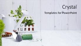  Presentation with wood tools - Colorful presentation enhanced with gardening tools on old backdrop and a sky blue colored foreground