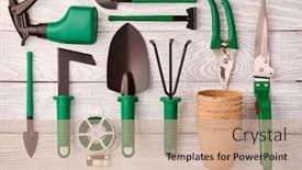  Presentation with gardening - PPT layouts enhanced with gardening-tools-on-wooden-background background and a coral colored foreground