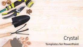  Presentation with gardening - Amazing theme having gardening tools on wooden background backdrop and a cream colored foreground