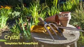  Presentation with flower pots - Presentation design having gardening tools utensils gloves and flower pots resting on a stool in a green garden background and a tawny brown colored foreground