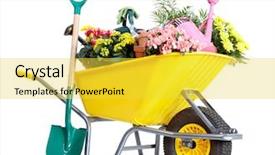  Presentation with lilac flowers bunch over wood - Cool new slides with gardening wheelbarrow with flowers isolated backdrop and a yellow colored foreground