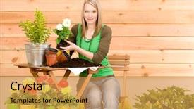  Presentation with role play woman and man - Beautiful slides featuring gardening woman hold flowerpot plant spring terrace backdrop and a yellow colored foreground