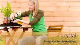  Presentation with flower woman - Slide deck with gardening woman planting spring flower on terrace background and a yellow colored foreground