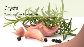  Presentation with clove - Colorful presentation enhanced with garlic clove and rosemary leaf isolated on white background backdrop and a soft green colored foreground