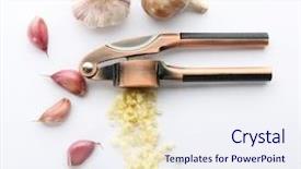  Presentation with press - Beautiful PPT theme featuring garlic press heads and clove backdrop and a sky blue colored foreground