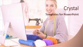  Presentation with garment - PPT theme enhanced with garment company - woman designer in workshop looking background and a lemonade colored foreground