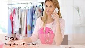  Presentation with garment - Beautiful PPT layouts featuring garment company - woman designer in workshop talking backdrop and a lemonade colored foreground