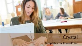  Presentation with sewing machine - Audience pleasing PPT theme consisting of garment industrial - woman using a sewing machine backdrop and a coral colored foreground