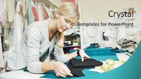  Presentation with garment manufacturing - Presentation theme featuring garment manufacturing - young female tailor working background and a soft green colored foreground