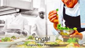  Presentation with appetizer - Presentation featuring garnish - happy chef garnishing appetizer plates background and a soft green colored foreground