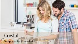  Presentation with cooking - Presentation theme featuring gas - smiling young couple cooking food background and a soft green colored foreground