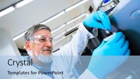  Presentation with scientific research - Cool new presentation with gas chromatography - senior male researcher carrying backdrop and a light blue colored foreground