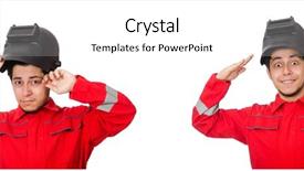  Presentation with funny - Theme having gas collection - funny welder isolated on white background and a white colored foreground