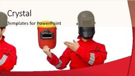  Presentation with welder worker welding and cutting - Slide set featuring gas collection - funny welder isolated on white background and a lemonade colored foreground