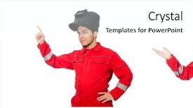  Presentation with funny - Audience pleasing PPT layouts consisting of gas collection - funny welder isolated on white backdrop and a cool aqua colored foreground