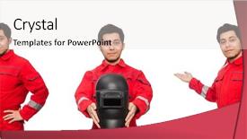  Presentation with welder worker welding and cutting - Beautiful slides featuring gas collection - funny welder isolated on white backdrop and a sky blue colored foreground