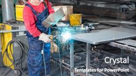  Presentation with metal production - Slides having gas electrical production - black smith welding pieces background and a ocean colored foreground