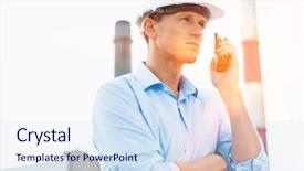  Presentation with walkie talkie - Amazing slide deck having gas flare - male architect communicating on walkie-talkie backdrop and a sky blue colored foreground