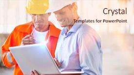  Presentation with gas planet construction - Colorful PPT theme enhanced with gas flare - male architects working on laptop backdrop and a lemonade colored foreground