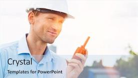  Presentation with walkie talkie - Theme enhanced with gas flare - smiling architect holding walkie-talkie background and a light blue colored foreground