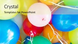  Presentation with hotair balloons - Slide set featuring gas helio - many colorful balloons with ribbons background and a  colored foreground