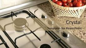  Presentation with kitchen - PPT theme featuring gas stove - image of oven in modern background and a coral colored foreground