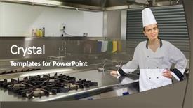  Presentation with next - Cool new theme with gas stove - young content chef standing next backdrop and a gray colored foreground