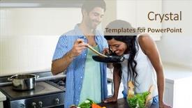  Presentation with gardening healthy food cooking - Amazing theme having gas stove - young couple cooking food together backdrop and a sky blue colored foreground