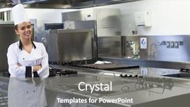  Presentation with next - Cool new slide set with gas stove - young smiling chef standing next backdrop and a gray colored foreground