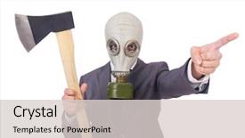  Presentation with gas - Cool new PPT layouts with gasmask - businessman wearing gas mask isolated backdrop and a  colored foreground