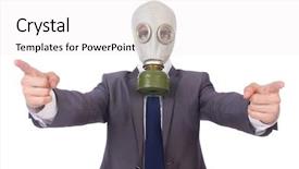  Presentation with new client interview wearing mask - Presentation theme enhanced with gasmask - businessman wearing gas mask isolated background and a white colored foreground