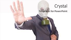  Presentation with new client interview wearing mask - Slides with gasmask - businessman wearing gas mask isolated background and a white colored foreground