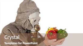  Presentation with gas - PPT theme having gasmask - man dressed in protection suit background and a violet colored foreground