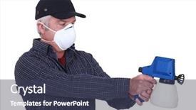  Presentation with old wite man and his music - Slide deck featuring gasmask - man with a paintsprayer background and a tawny brown colored foreground