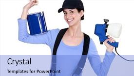  Presentation with sprayer - Presentation theme with gasmask - woman holding paint sprayer background and a  colored foreground