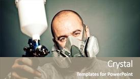  Presentation with spray - Presentation design having gasmask - worker with spray-gun and protection background and a  colored foreground