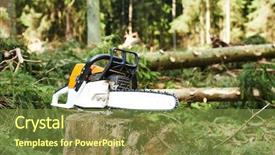 Presentation with chainsaw - Audience pleasing slide deck consisting of gasoline chainsaw on cut wood backdrop and a tawny brown colored foreground