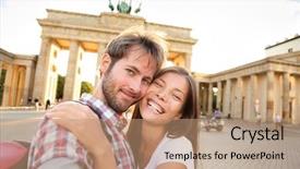  Presentation with young happy couple - Cool new slide set with gate or brandenburger tor berlin backdrop and a coral colored foreground