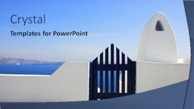  Presentation with santorini - PPT theme featuring gate to the sea - santorini island background and a light blue colored foreground