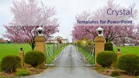  Presentation with estate - Cool new PPT theme with gates-of-a-country-estate backdrop and a sky blue colored foreground